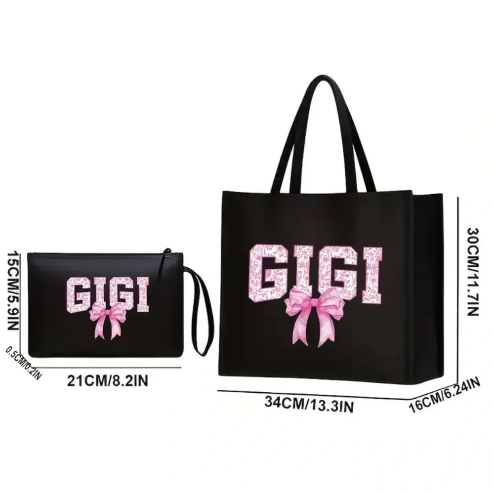 GIGI Black Tote and Clutch Set with Pink Accents, NEW - Picture 2 of 6